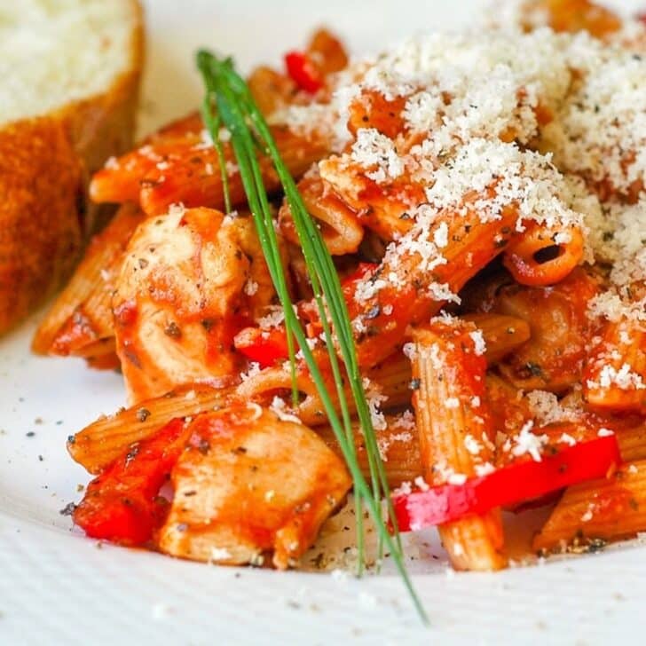 Roasted Fennel Marinara Chicken Penne square cropped close up photo for Google featured image.