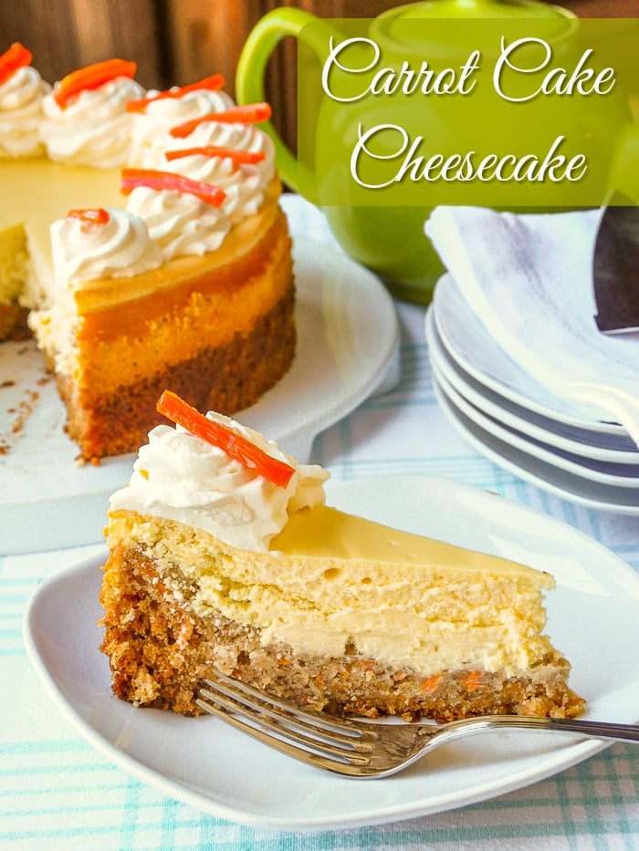 Carrot Cake Cheesecake photoof a single slice with title text added for Pinterest