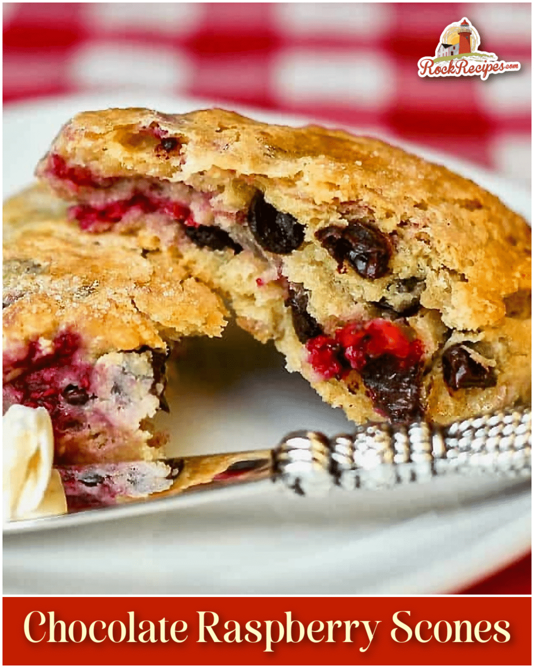 Chocolate Raspberry Scones, photo with title text added for Pinterest and social media posts.