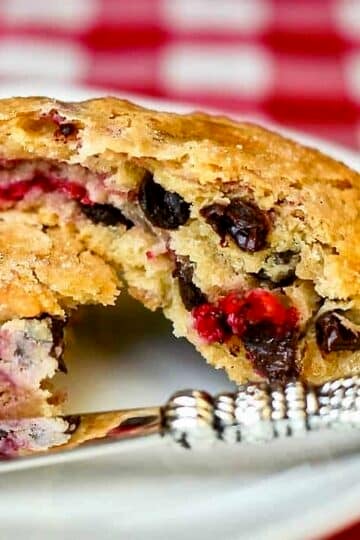 Chocolate Raspberry Scones photo of scones on a white plate for Google featured image.