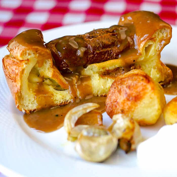 Toad in the Hole with roasted potatoes and Burgundy Thyme Gravy