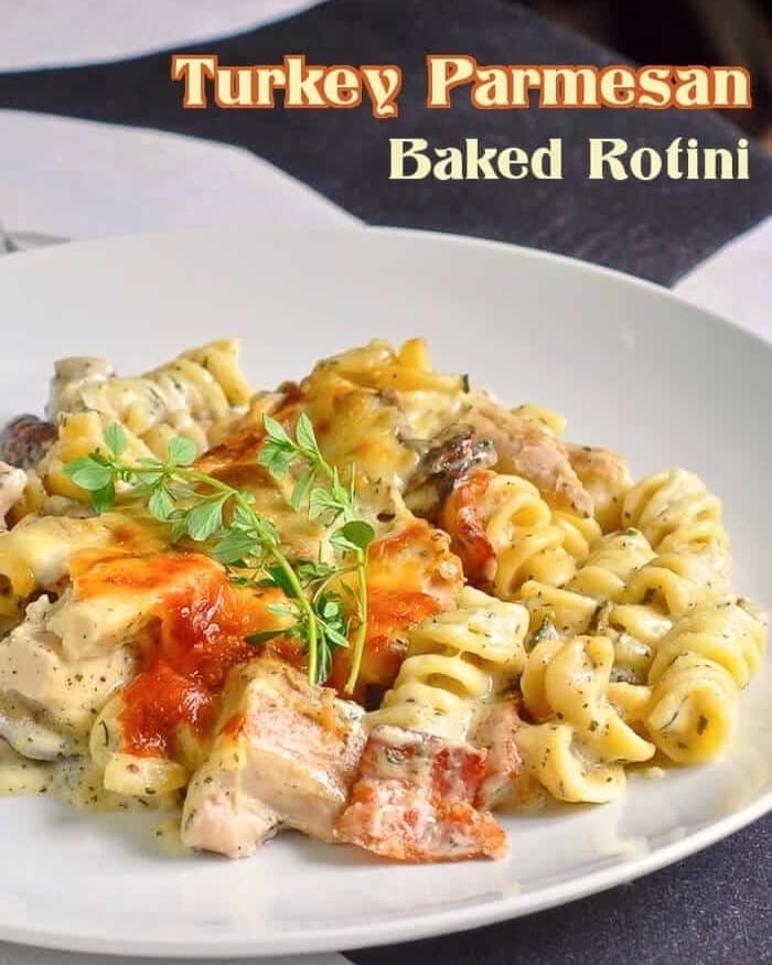 Turkey Parmesan Baked Rotini image with title text for social media sharing.