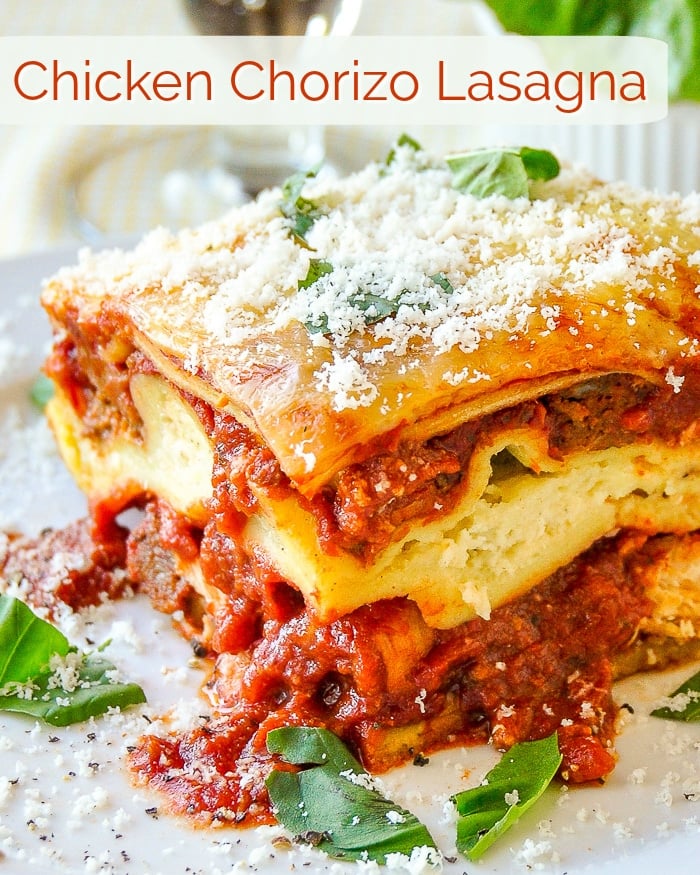 Chicken Chorizo Lasagna image with title text