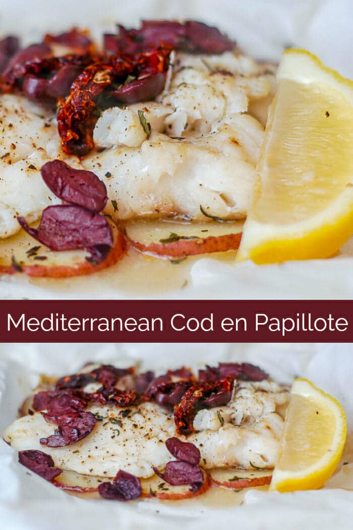 Newfoundland Cod with Olives and Sundried Tomatoes en Papillote with title text for pinterest