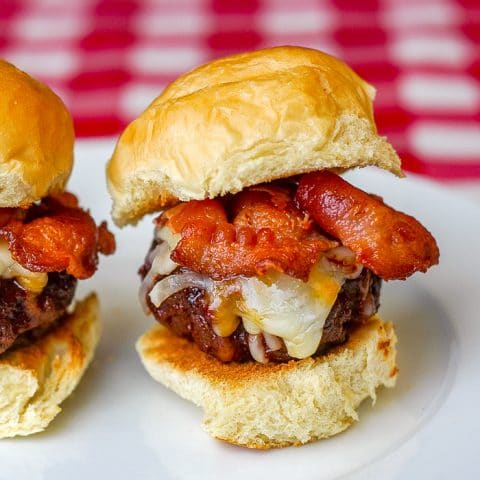 Barbecue Bacon Cheddar Sliders close up of one slider