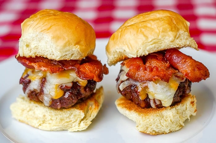 Barbecue Bacon Cheddar Sliders. Two sliders on plate