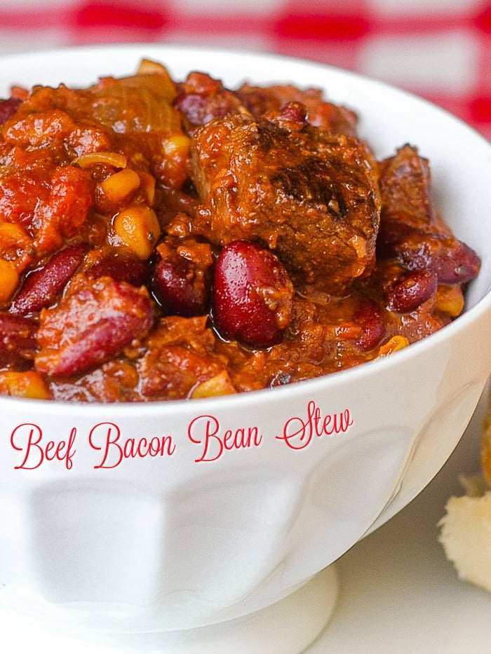 Beef Bacon Bean Stew photo with title text for Pinterest