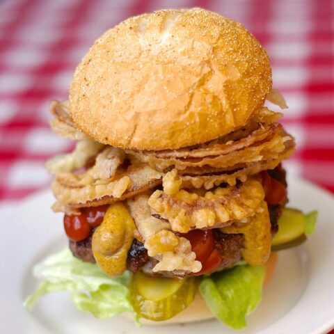 Tempura Red Onion Blue Cheese Burgers
