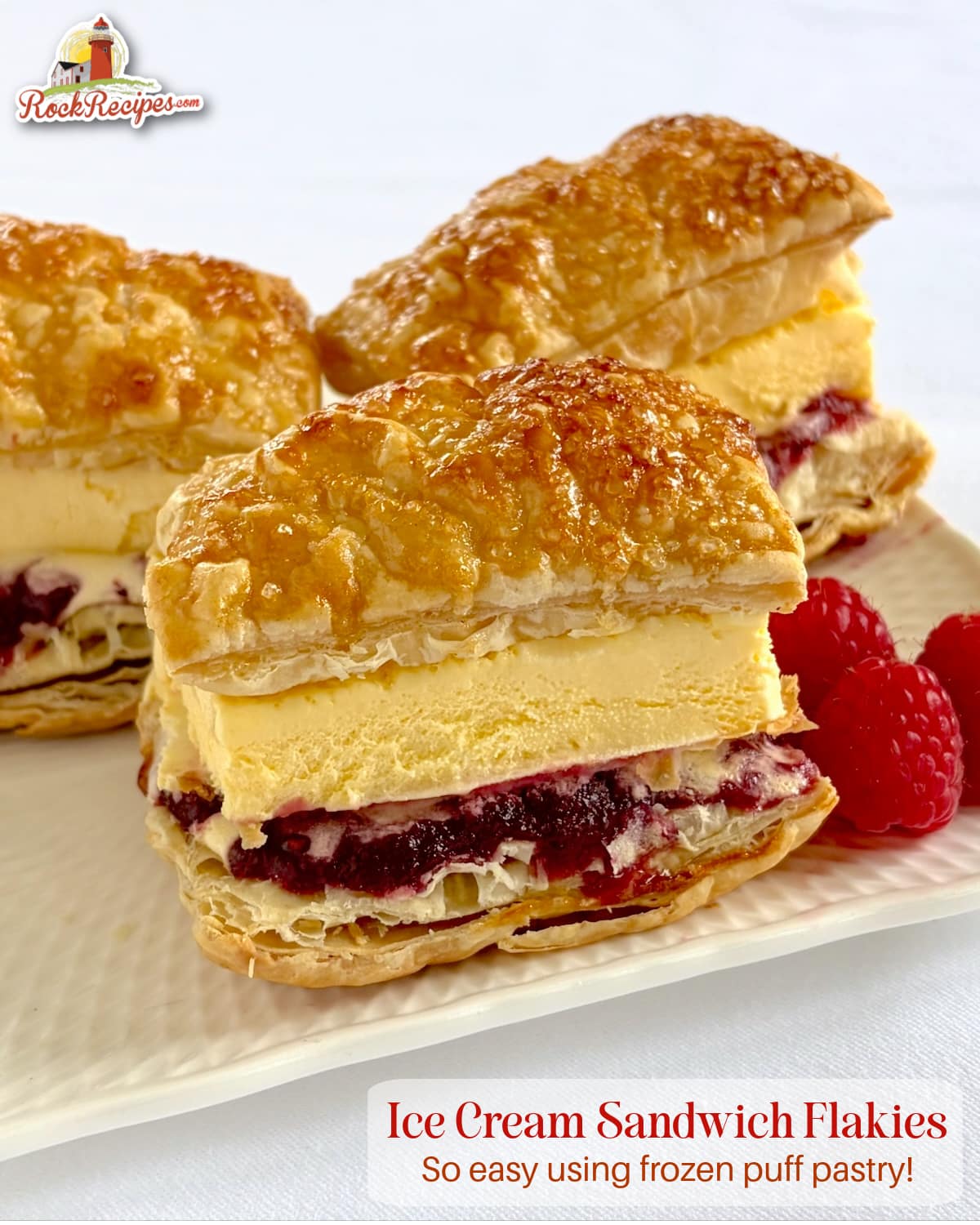 Ice Cream Sandwich Flakies shown on a white serving platter with title text and Rock Recipes logo added for social media posts and Pinterest.