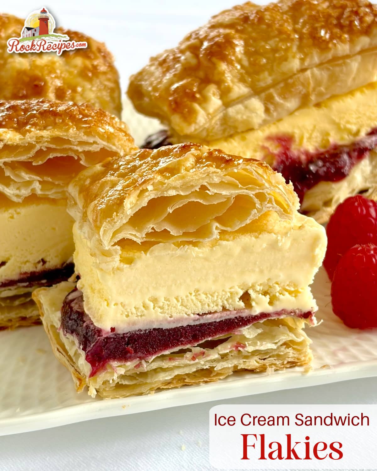 Ice Cream Sandwich Flakies photo of one cut in half to show interior layers with title text and Rock Recipes logo added for social media posts and Pinterest.