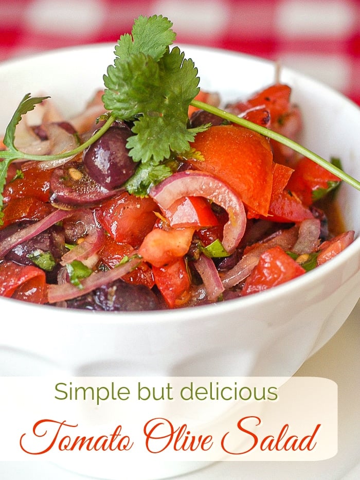 Tomato Olive Salad photo with title text for Pinterest