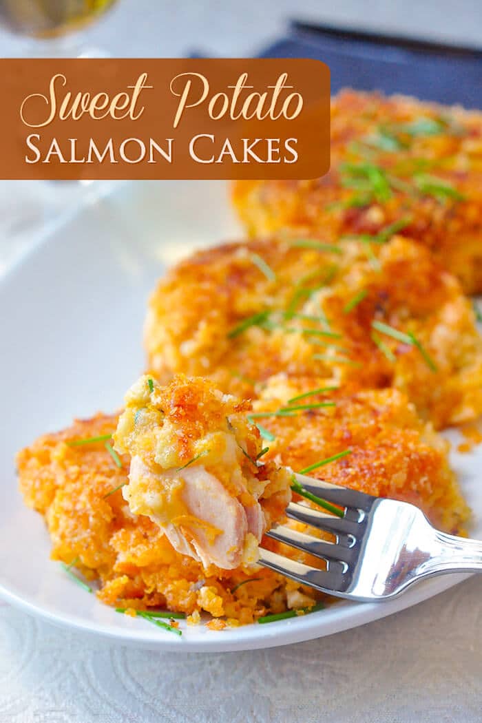 Sweet Potato Salmon Cakes covered in a crispy pankp coating.