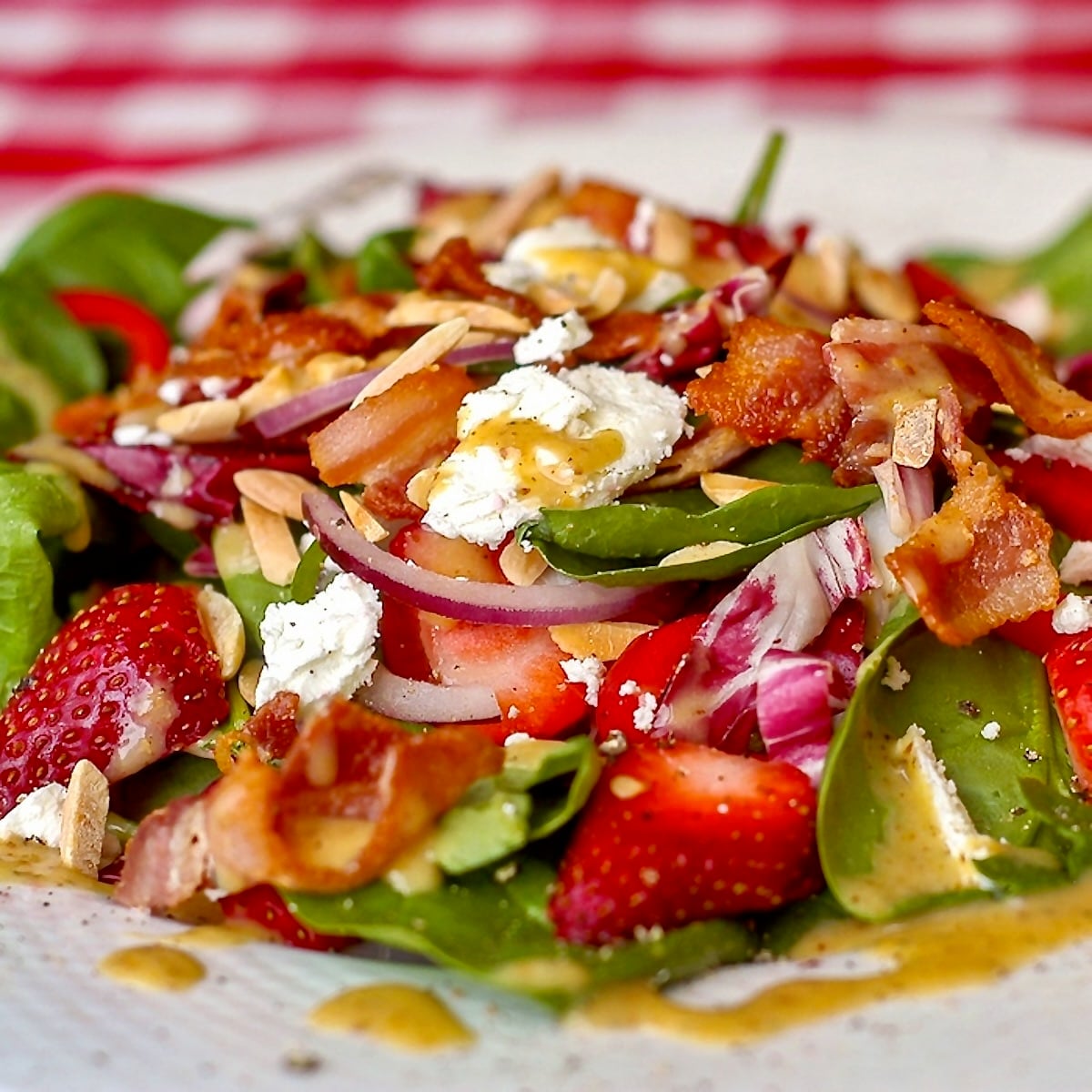Strawberry Spinach Salad w/ Goat Cheese & Honey Dijon. Strawberry Spinach Salad w/ Goat Cheese & Honey Dijon.