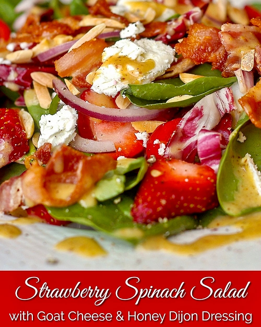 Strawberry Spinach Salad photo with title text added for Pinterest and social medis=a posts.