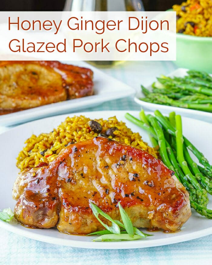 Honey Ginger Dijon Glazed Pork Chops. Photo with title text.