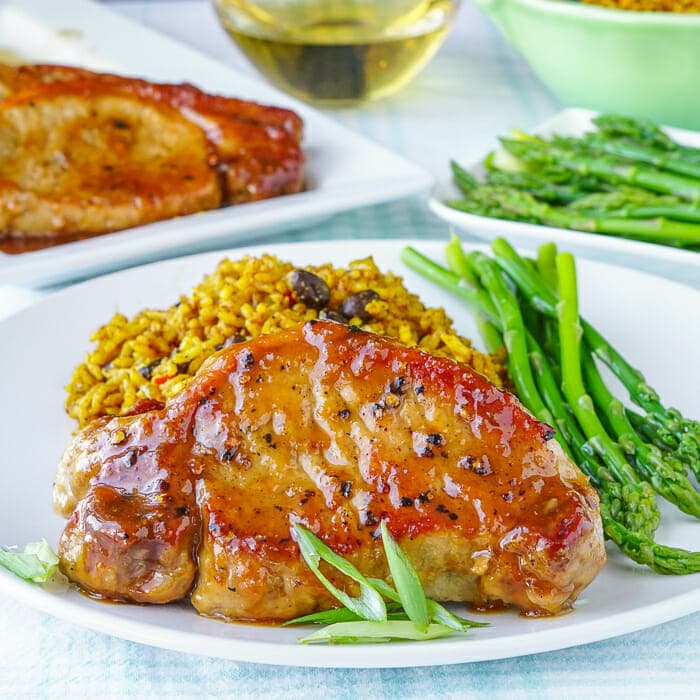 Honey Ginger Dijon Glazed Pork Chops close up photo.