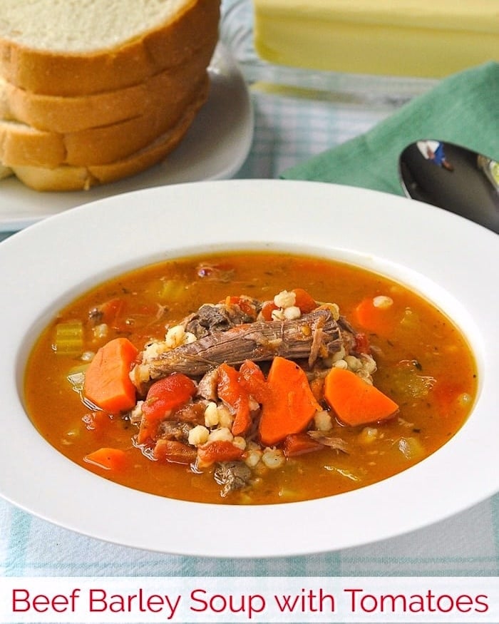 Beef Barley Soup with Tomatoes photo with title text added for social media.