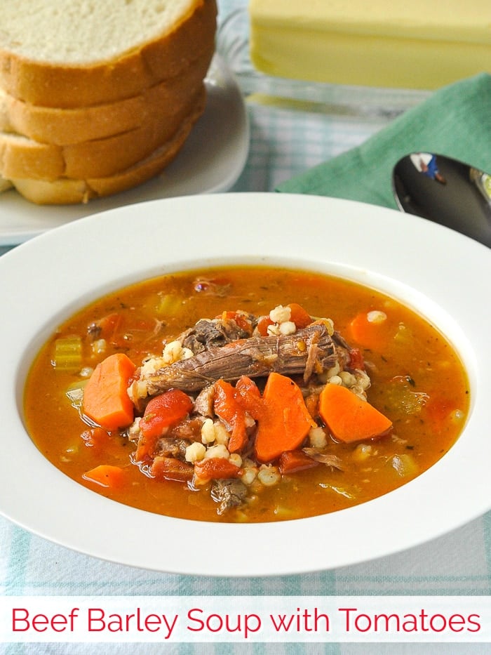 Beef Barley Soup with Tomatoes photo with title text added for Pinterest