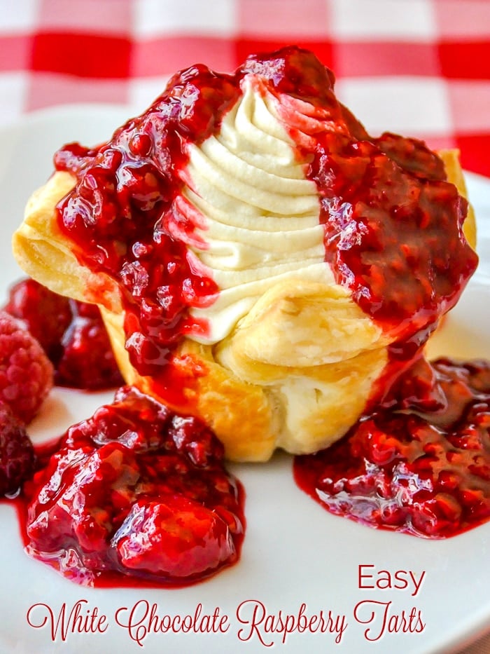 Easy Raspberry White Chocolate Tarts photo with title text for Pinterest