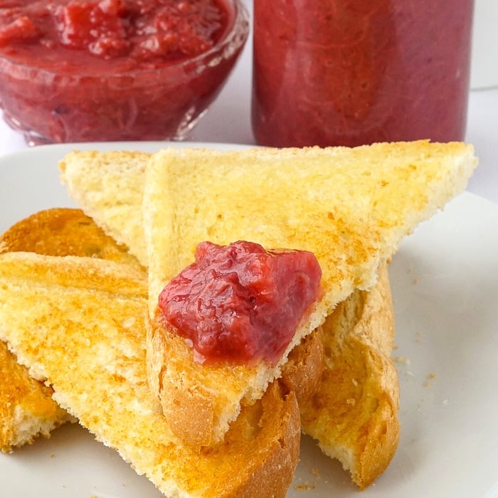 Heavenly Rhubarb Jam on freshly buttered toast