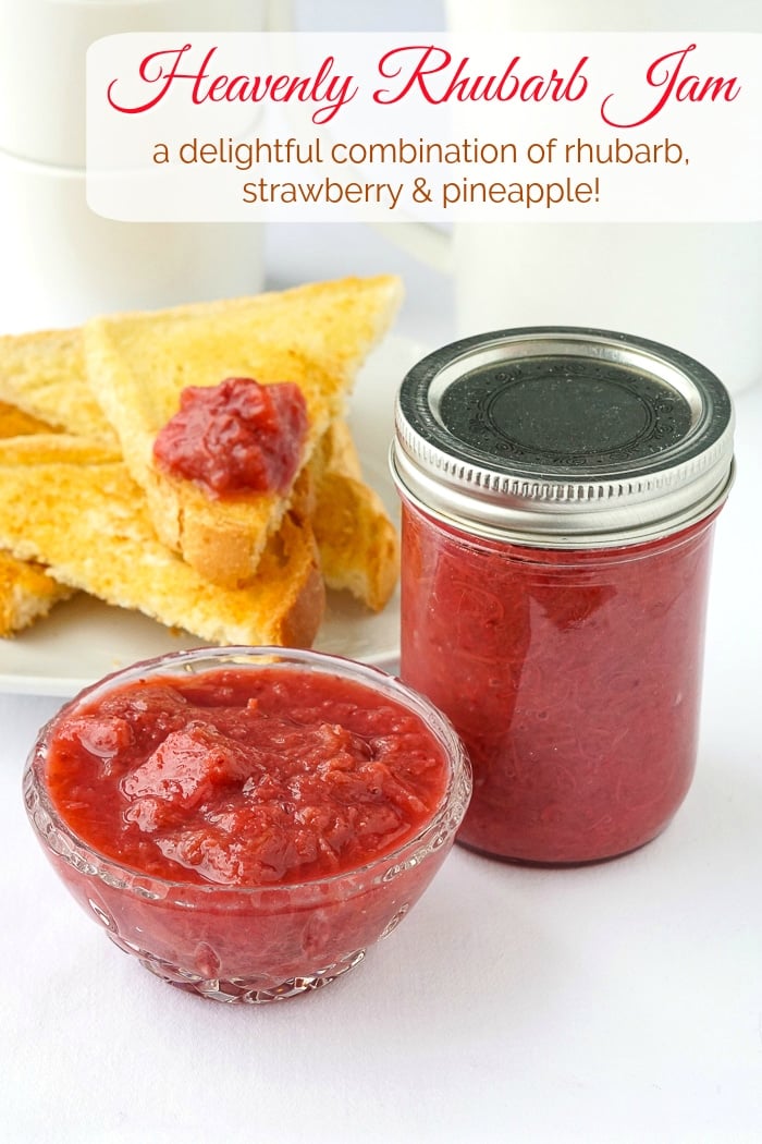 Heavenly Rhubarb Jam photo with title text added for Pinterest