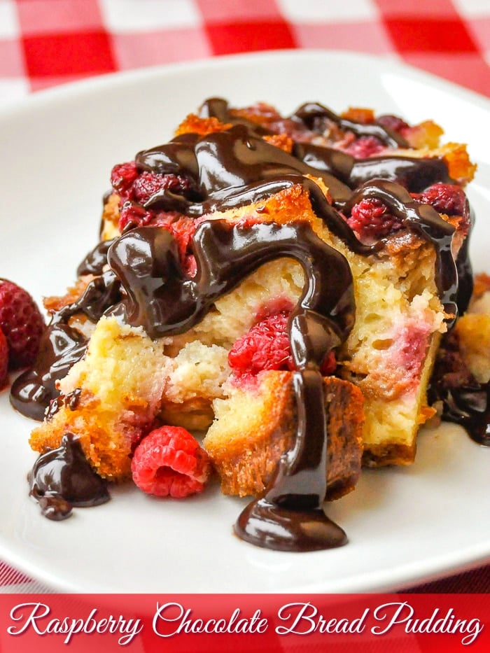 Raspberry Chocolate Bread Pudding photo with title text added for Pinterest