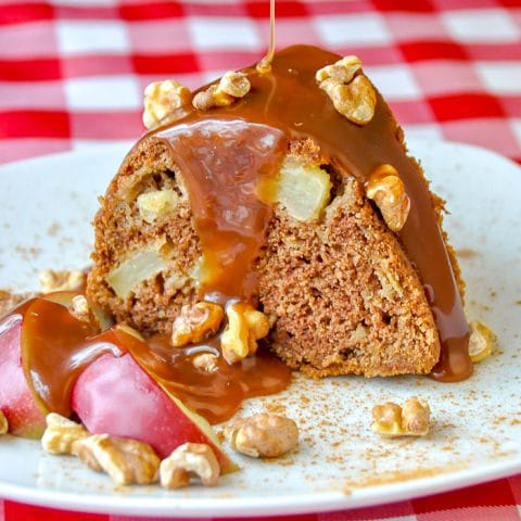 Warm Apple Cake with Caramel Sauce and Toasted Walnuts close up featured image