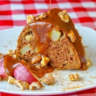 Warm Apple Cake with Caramel Sauce and Toasted Walnuts close up photo of one slice for featured image
