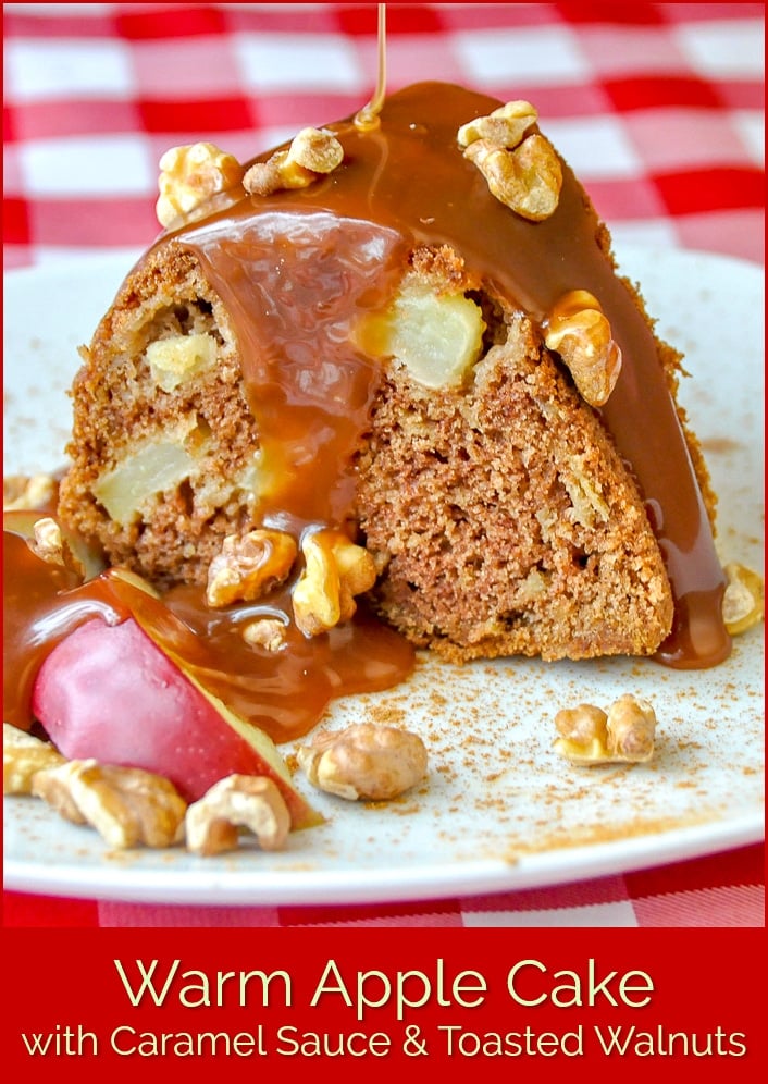 Warm Apple Cake with Caramel Sauce and Toasted Walnuts photo with title text for Pinterest