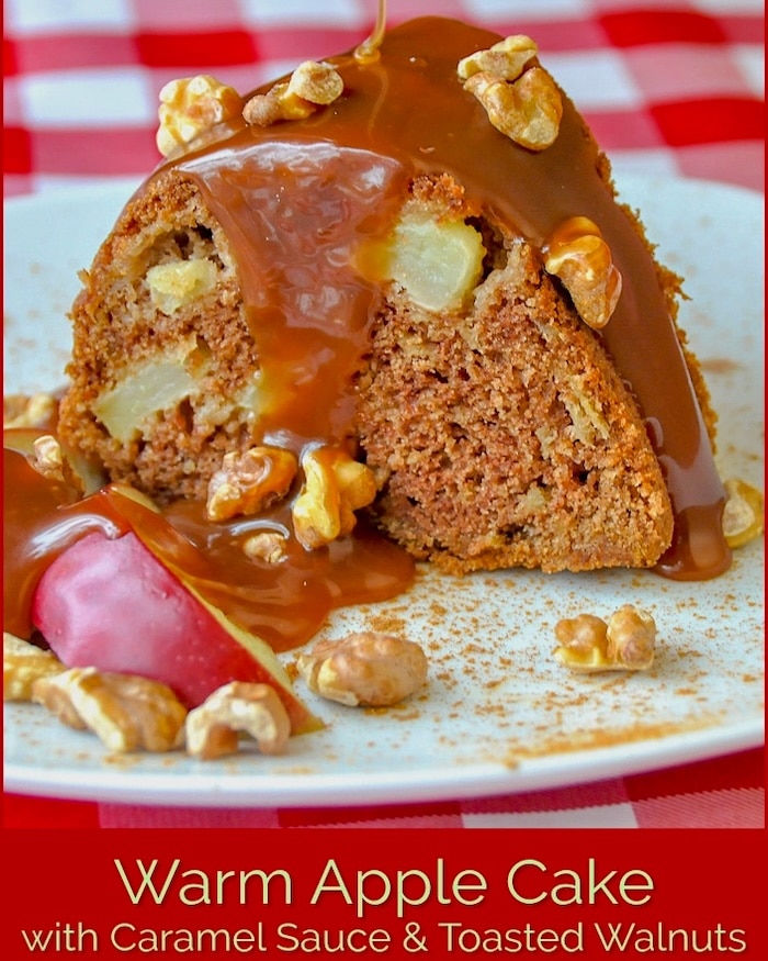 Warm Apple Cake with Caramel Sauce and Toasted Walnuts photo with title text for social media