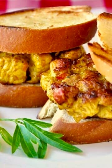 Curry Chicken Sliders, Close up photo of 2 sliders for featured Google image.