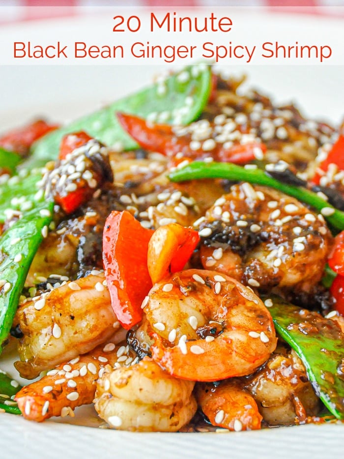 Easy Black Bean Ginger Spicy Shrimp photo with title text for Pinterest