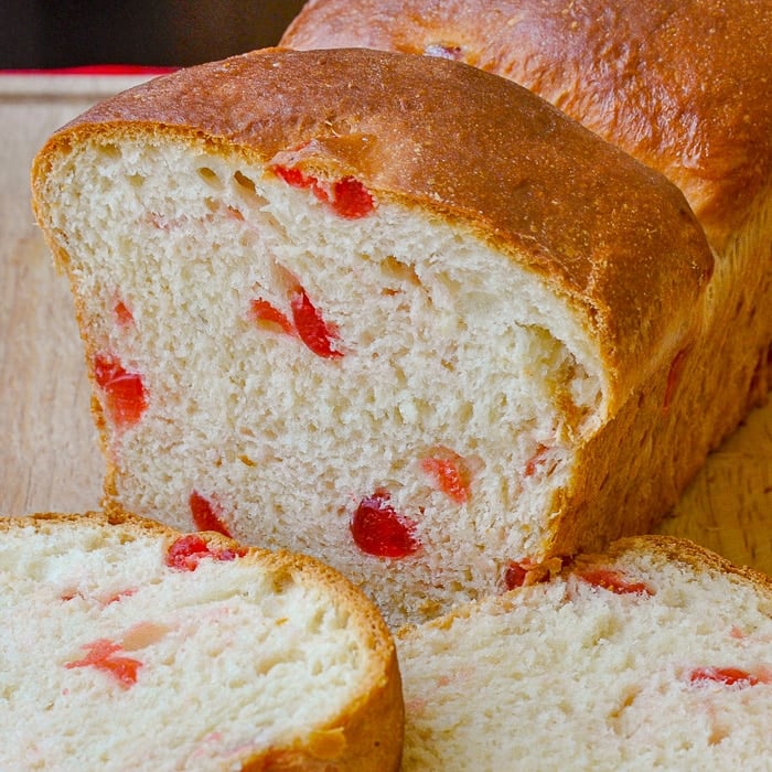 Cherry Bread close up photo of cut loaf