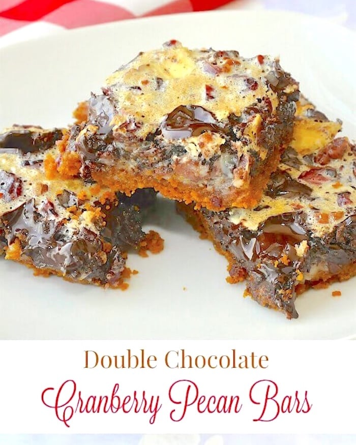 Double Chocolate Cranberry Pecan Bars photo with title text added for social media