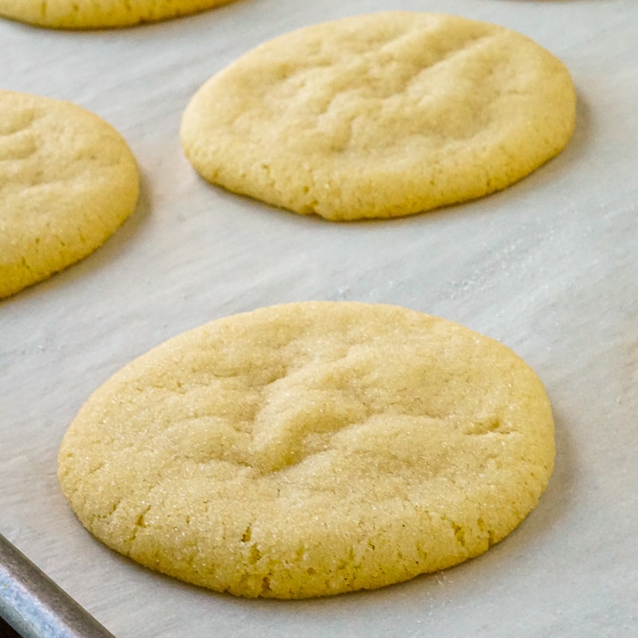 Soft and Chewy Sugar Cookies fresh from the oven on a parchment pper lined cookie sheet