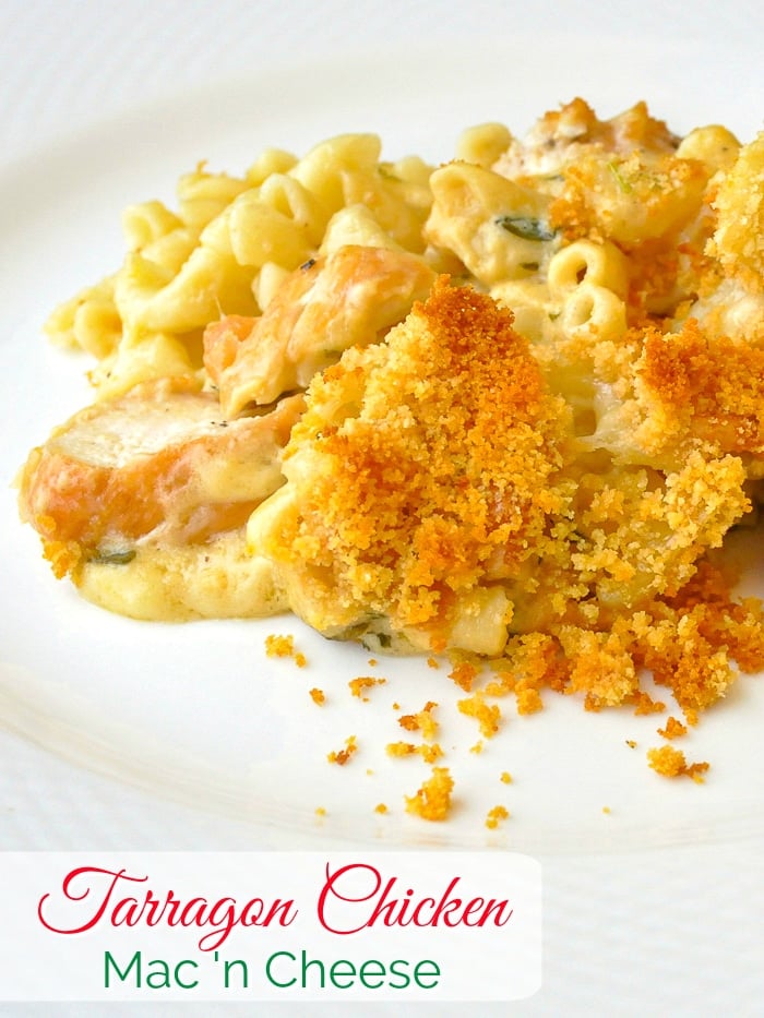 Tarragon Chicken Mac and Cheese photo with title text for Pinterest