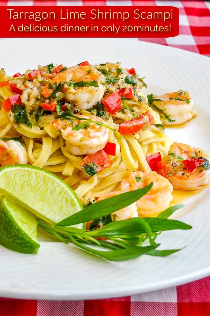 Tarragon Lime Shrimp Scampi close up photo with title text added for Pinterest