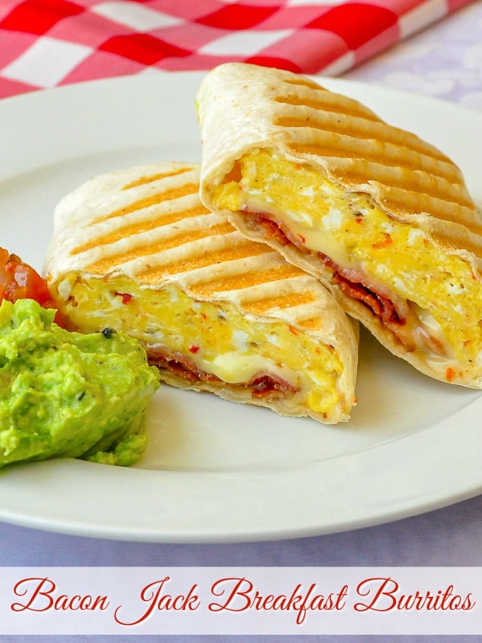 Bacon Jack Breakfast Burritos photo with title text for Pinterest