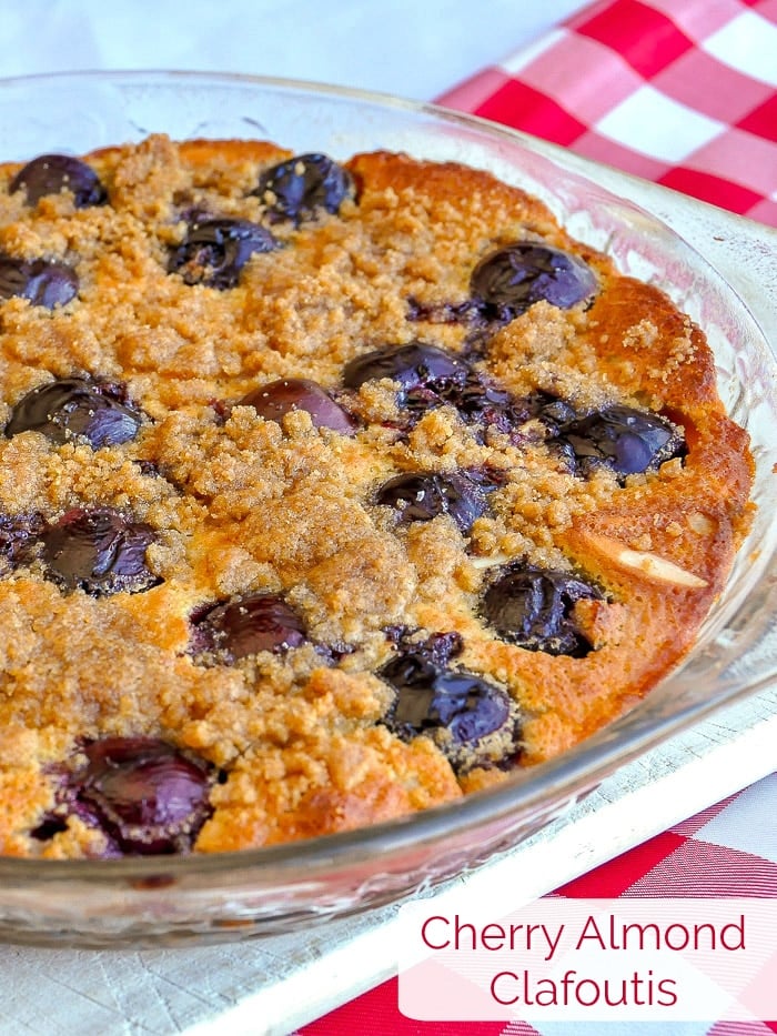 Cherry Almond Clafoutis photo with title text for Pinterest