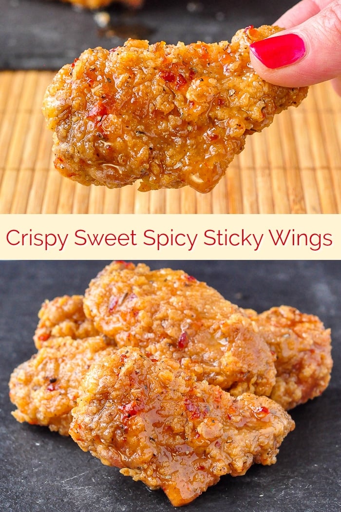 Crispy Sweet Spicy Sticky Wings photo with title text for Pinterest