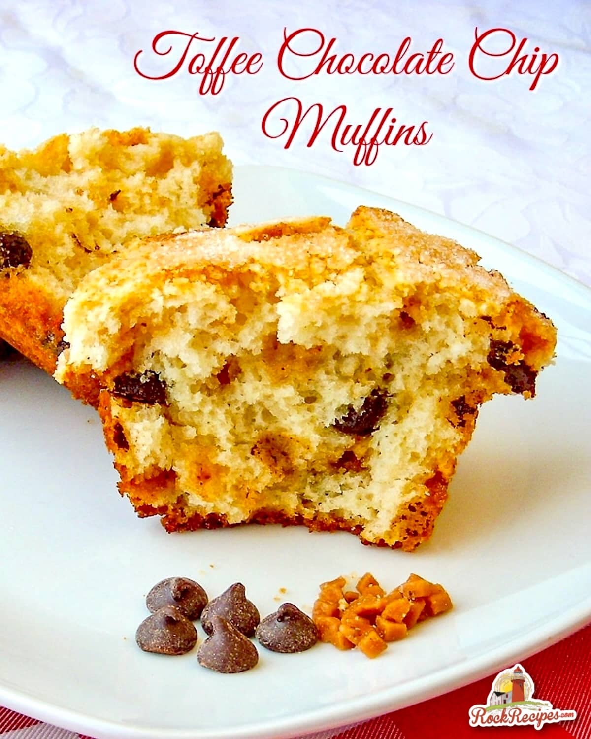 Toffee Chocolate Chip Muffins photo with title text for Pinterest and social media posts.