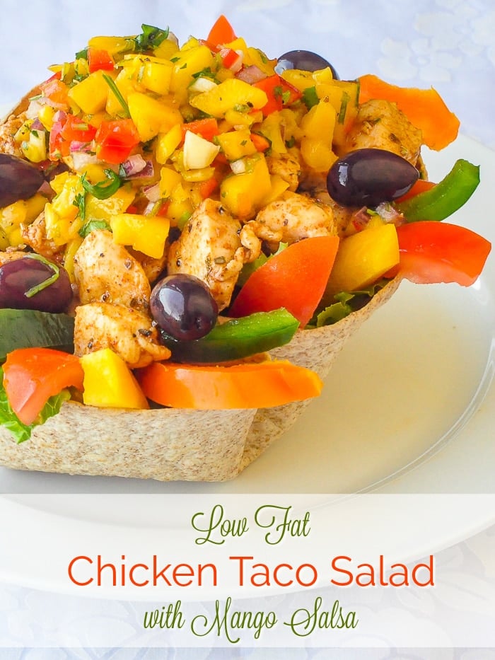 Low Fat Chicken Taco Salad with Mango Salsa photo with title text for Pinterest