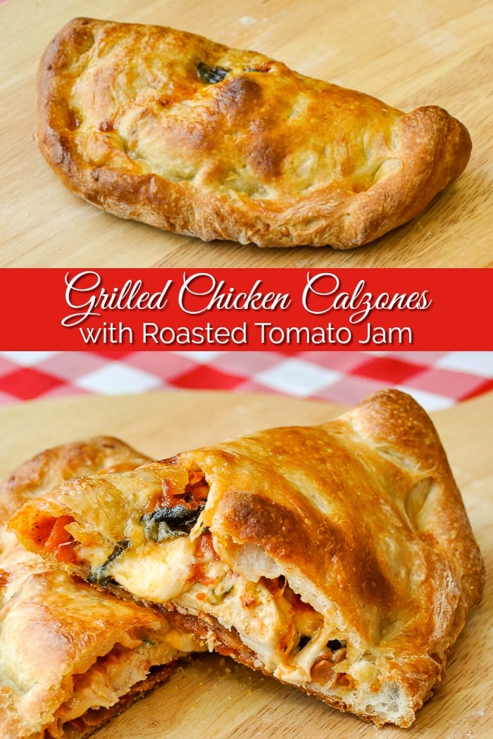 Roasted Tomato Chicken Calzones photo collage with title text added for Pinterest