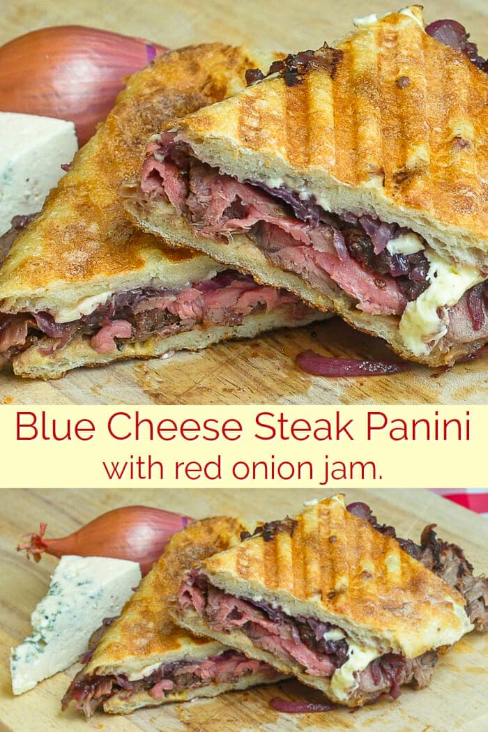 Blue Cheese Steak and Red Onion Jam Panini image collage with text fro Pinterest.