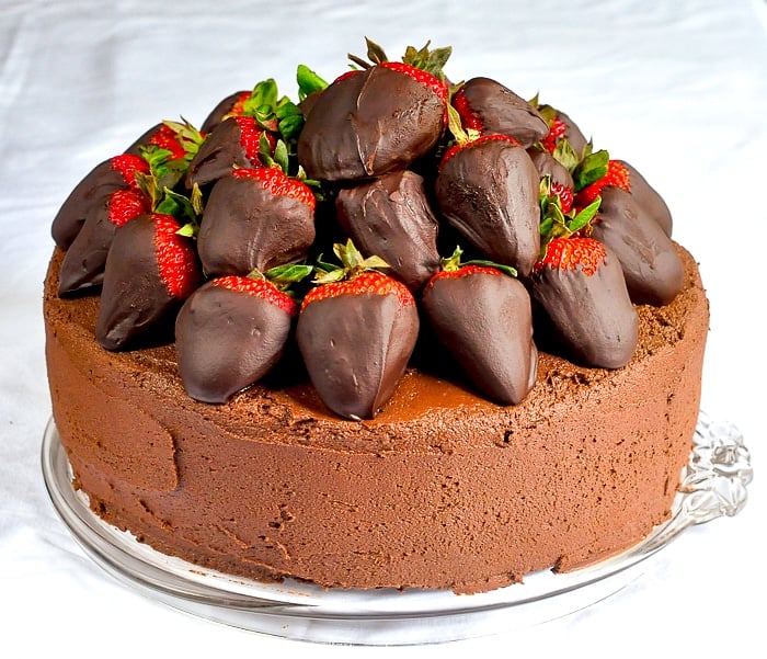 Chocolate Fudge Cake with Chocolate Truffle Dipped Strawberries photo of completed uncut cake