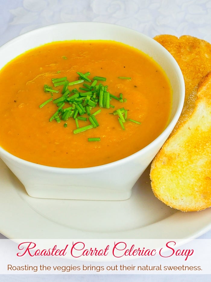 Roasted Carrot Celeriac Soup photo with title text added for Pinterest