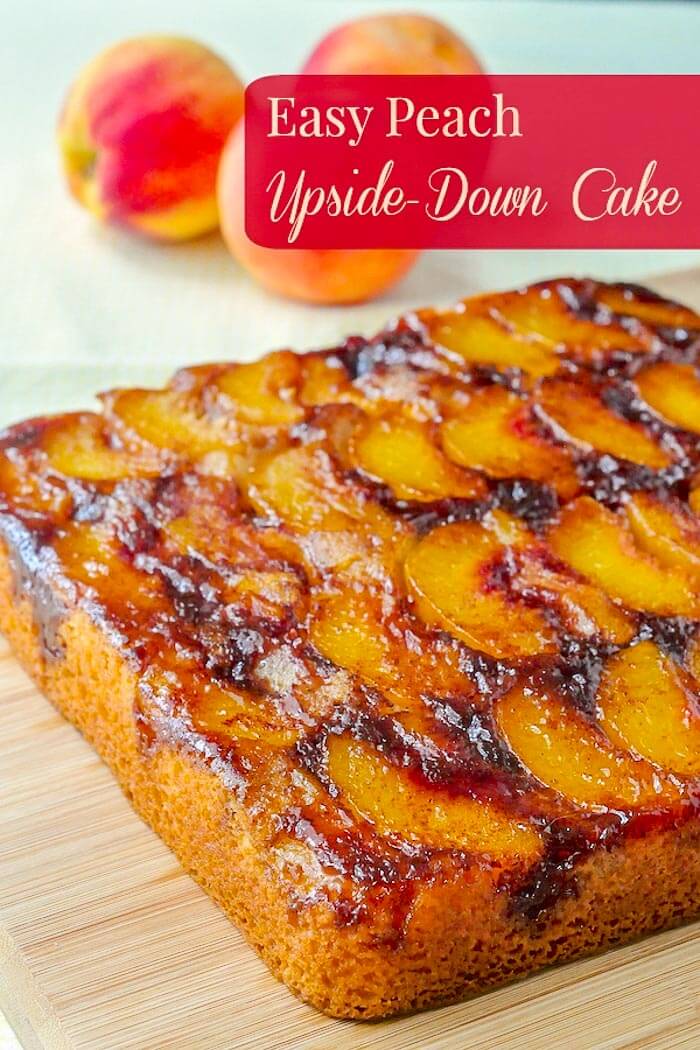 Peach Upside Down Cake photo with title text added for Pinterest