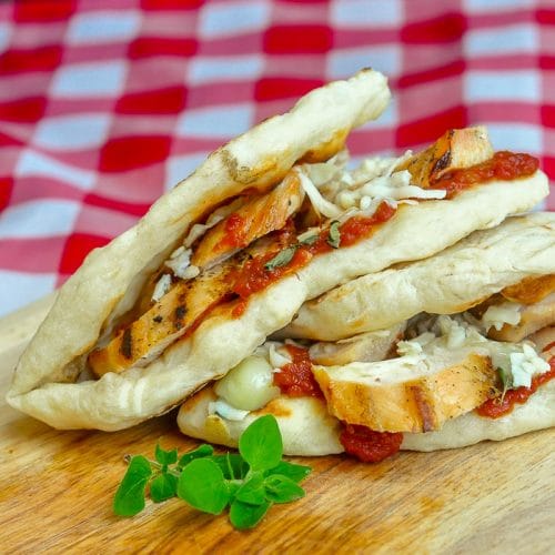 Grilled Chicken Parmesan Flatbread Sandwiches. A quick, tasty meal idea.