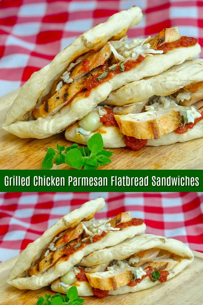 Grilled Chicken Parmesan Flatbread Sandwiches phopto with title text for Pinterest