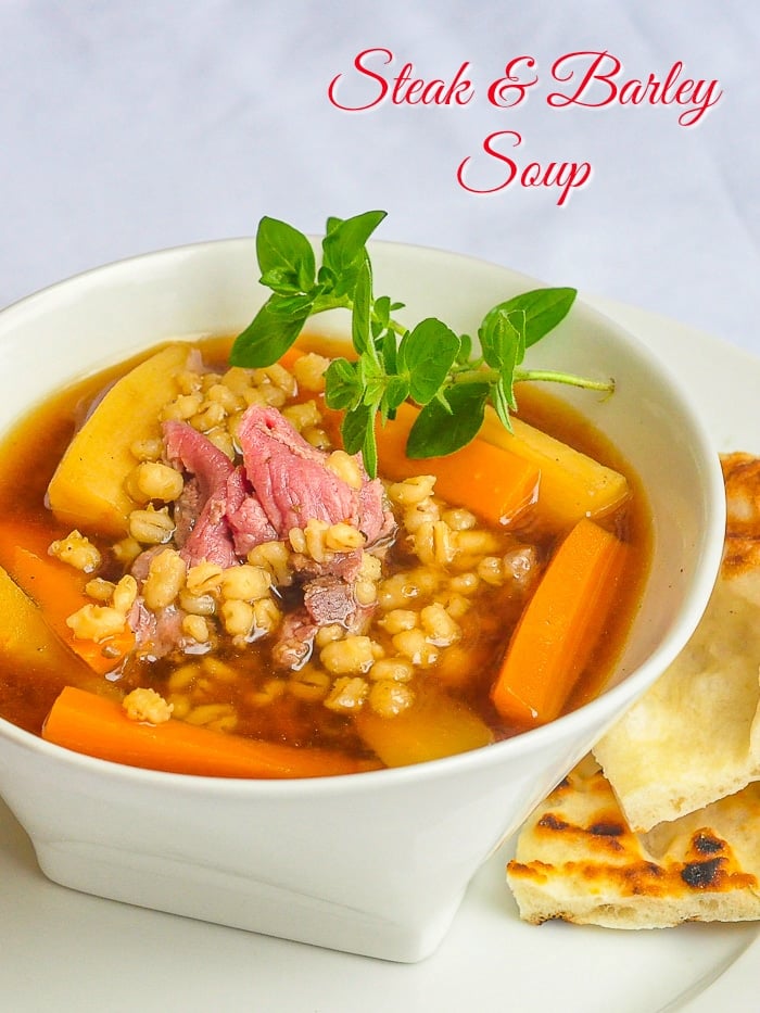 Steak and Barley Soup photo with title text added for Pinterest